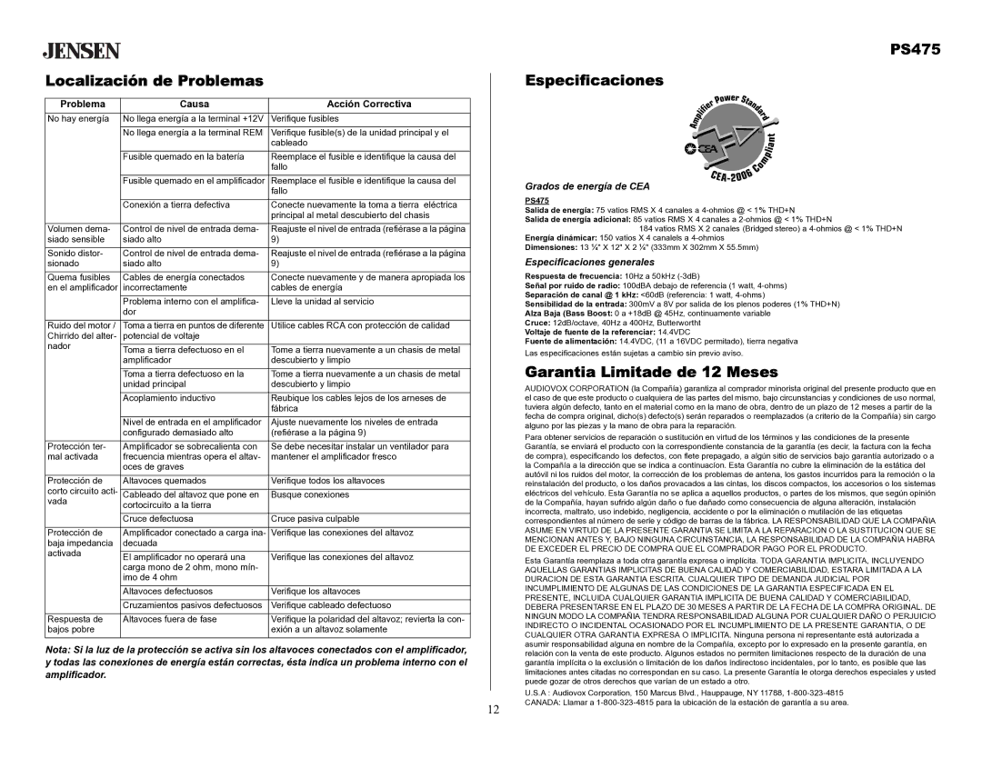 Audiovox specifications Localización de Problemas, PS475 Especificaciones, Garantia Limitade de 12 Meses 