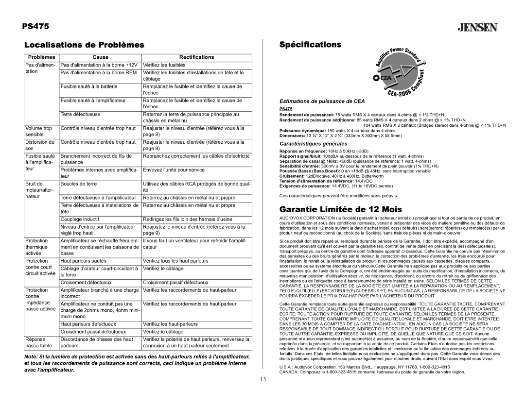 Audiovox PS475 Localisations de Problèmes, Spécifications, Garantie Limitée de 12 Mois, Problèmes Cause Rectifications 