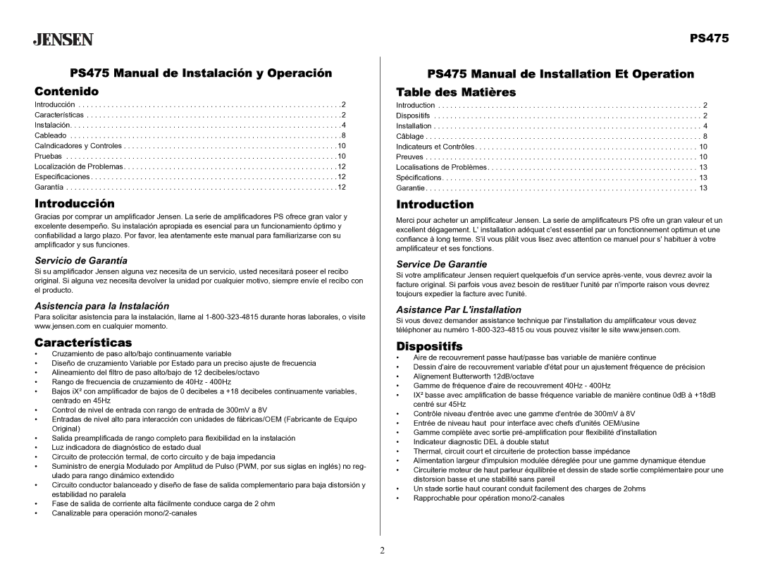 Audiovox specifications PS475 Manual de Instalación y Operación Contenido, Introducción, Características, Dispositifs 