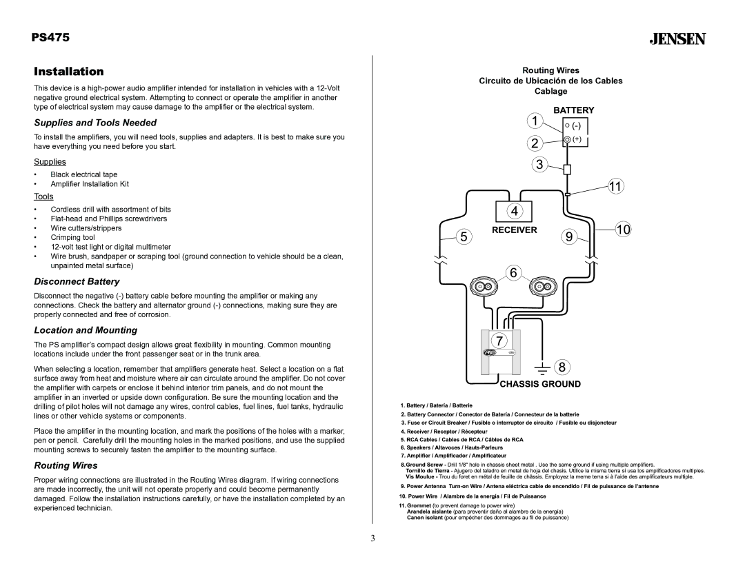 Audiovox PS475 Installation, Supplies and Tools Needed, Disconnect Battery, Location and Mounting, Routing Wires 