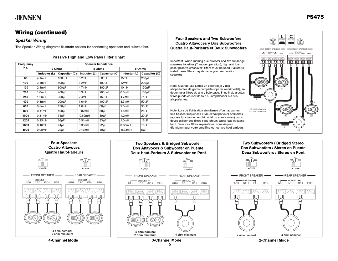 Audiovox specifications Wiring PS475, Speaker Wiring, Quatre Haut-Parleurs, Two Speakers & Bridged Subwoofer 