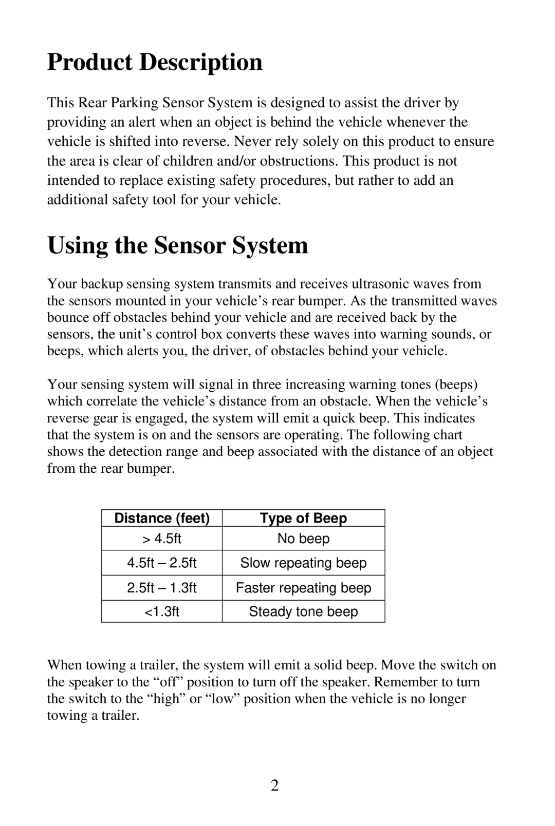 Audiovox PSB100 user manual Product Description, Using the Sensor System 