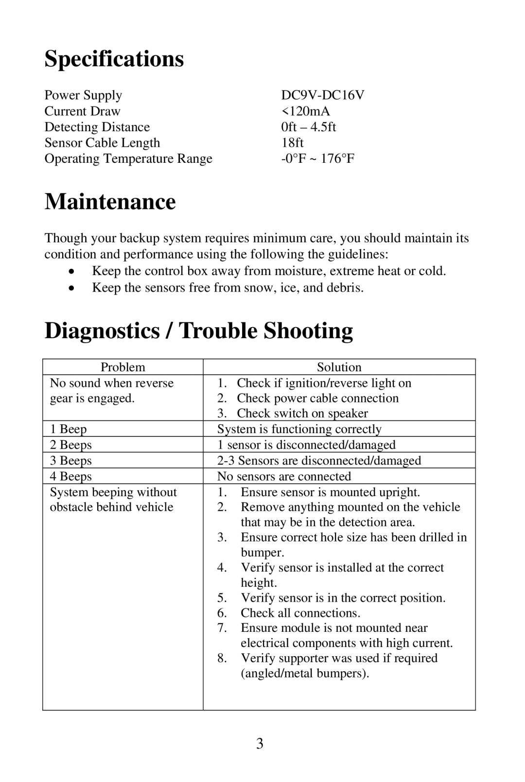 Audiovox PSB100 user manual Specifications, Maintenance, Diagnostics / Trouble Shooting 