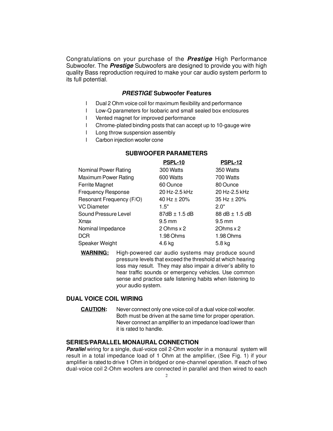 Audiovox ACD12 manual Subwoofer Parameters, Dual Voice Coil Wiring SERIES/PARALLEL Monaural Connection, PSPL-10 PSPL-12 