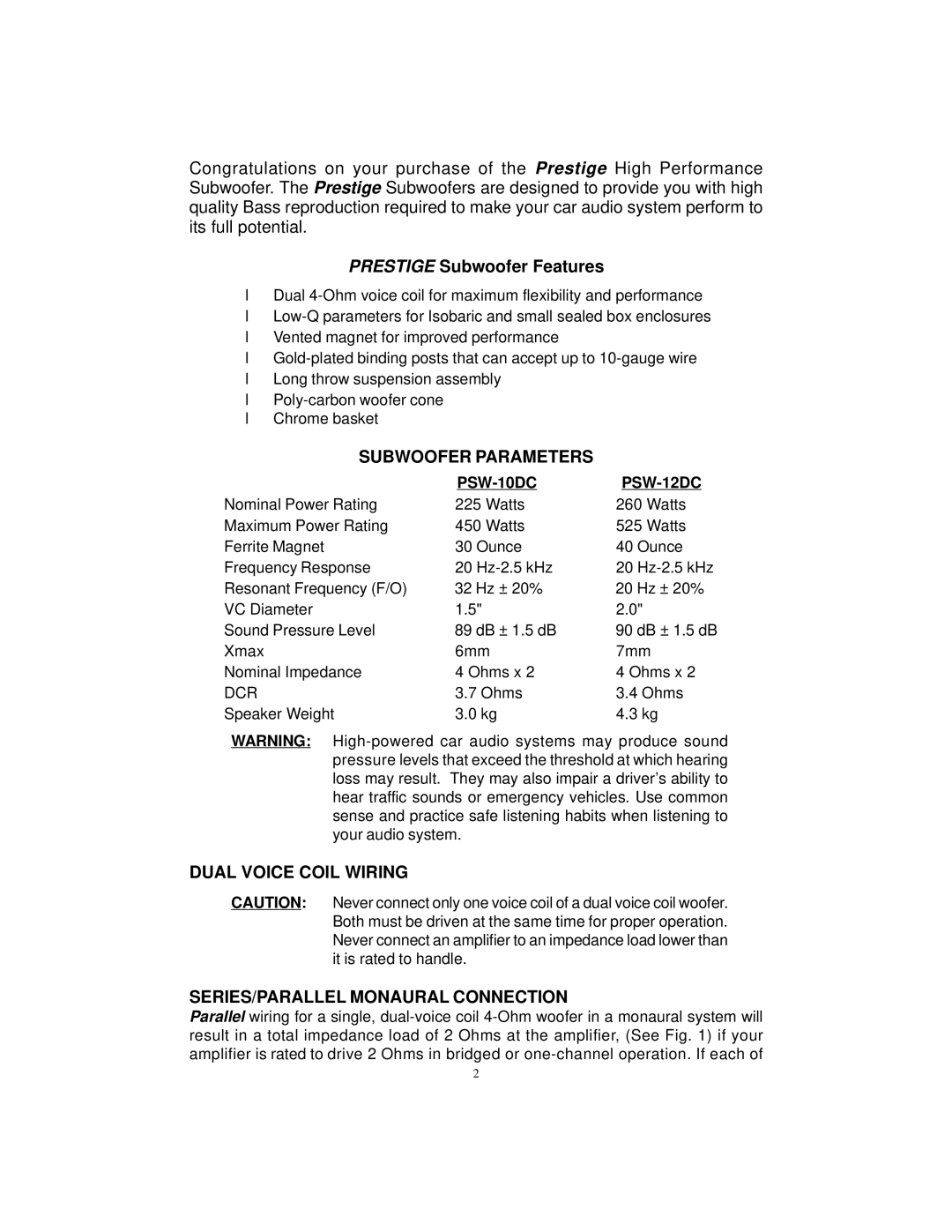 Audiovox PSW-10DC, PSW-12DC manual Subwoofer Parameters, Dual Voice Coil Wiring SERIES/PARALLEL Monaural Connection 