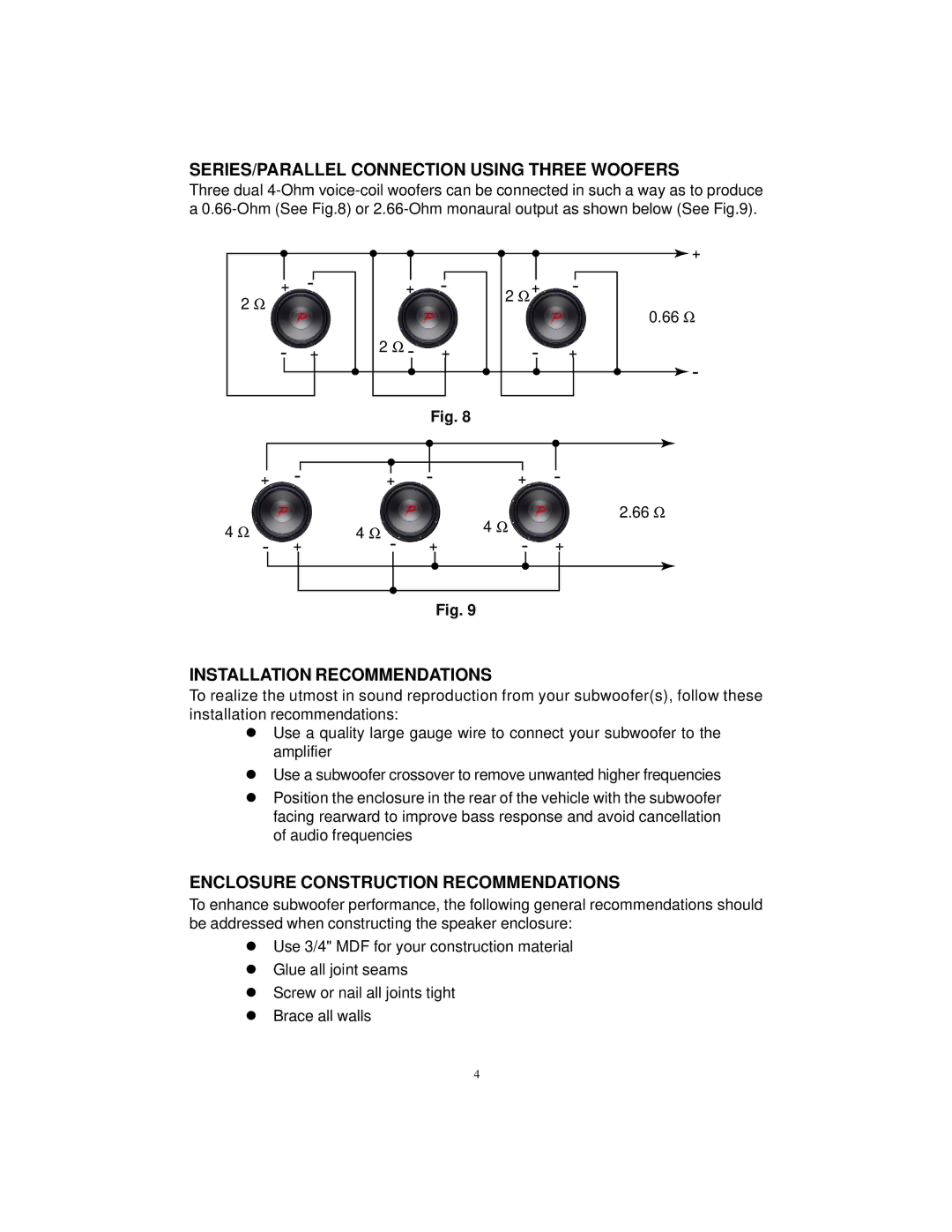 Audiovox PSW-10DC, PSW-12DC manual SERIES/PARALLEL Connection Using Three Woofers, Installation Recommendations 