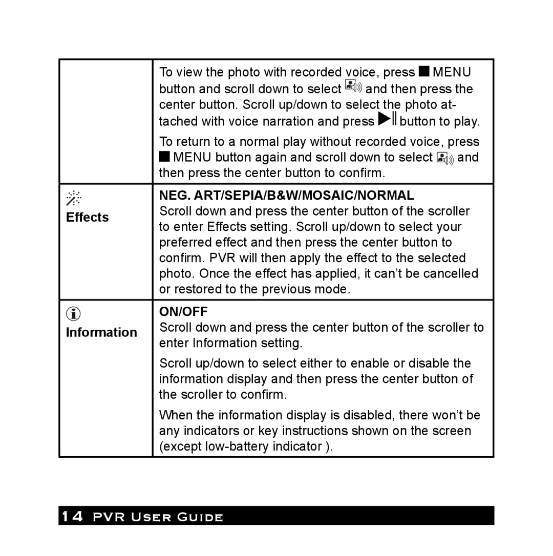 Audiovox PVR1000 owner manual Neg. Art/Sepia/B&W/Mosaic/Normal, Effects, On/Off, Information 