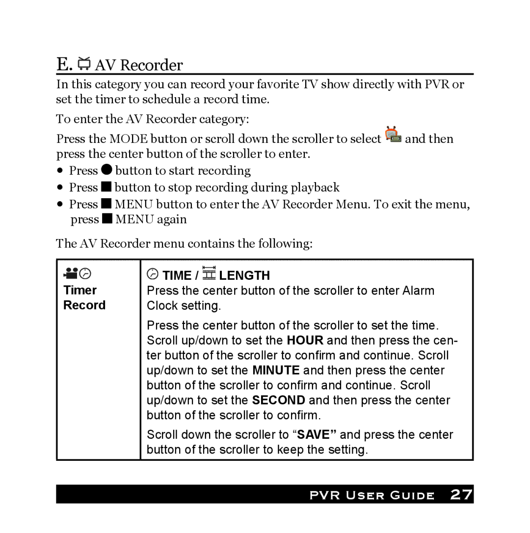 Audiovox PVR1000 owner manual AV Recorder, Timer Record, Time / Length 