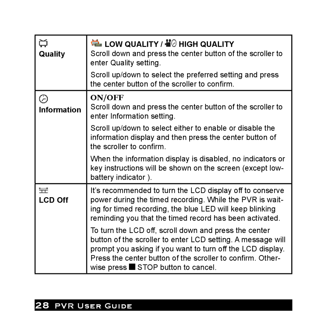 Audiovox PVR1000 owner manual On/Off, LCD Off 