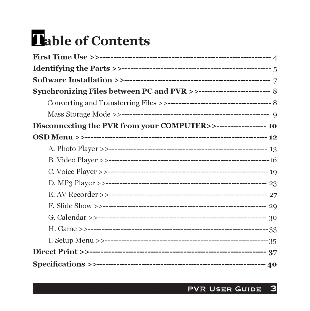 Audiovox PVR1000 owner manual Table of Contents 