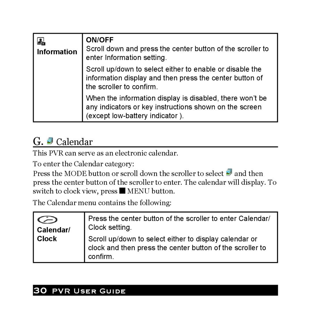 Audiovox PVR1000 owner manual Calendar menu contains the following 