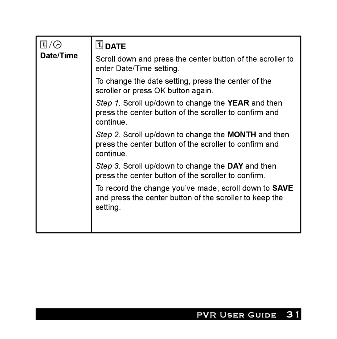 Audiovox PVR1000 owner manual Date/Time 