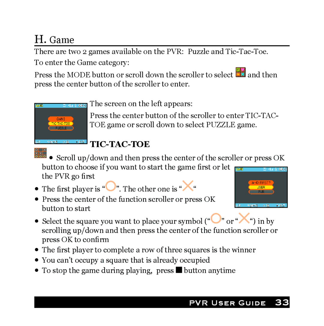 Audiovox PVR1000 owner manual Game, Tic-Tac-Toe 