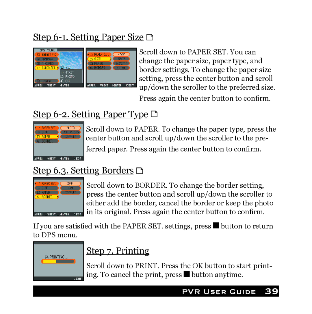 Audiovox PVR1000 owner manual Setting Paper Size, Setting Paper Type, Setting Borders, Printing 