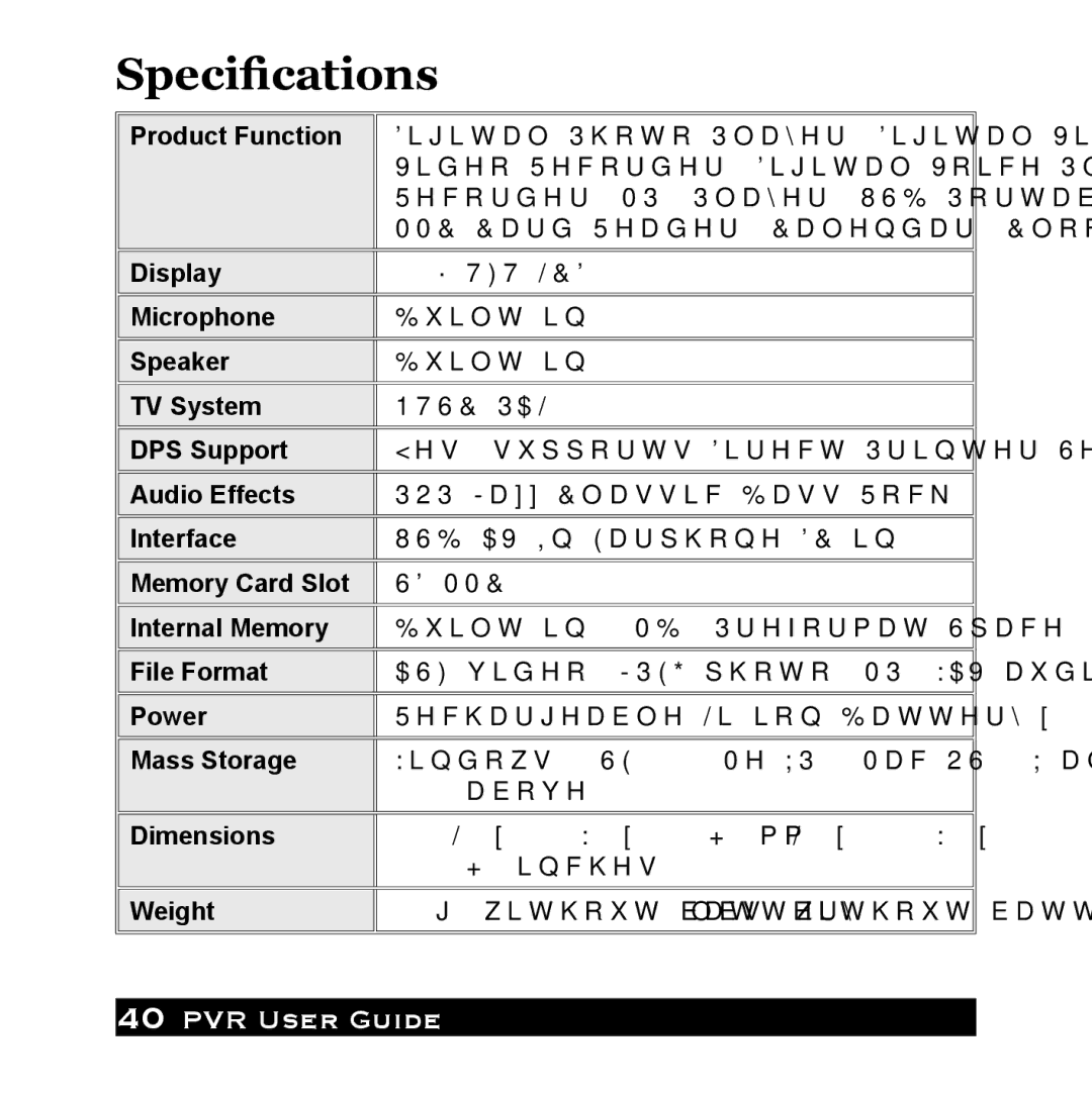 Audiovox PVR1000 owner manual Speciﬁcations 