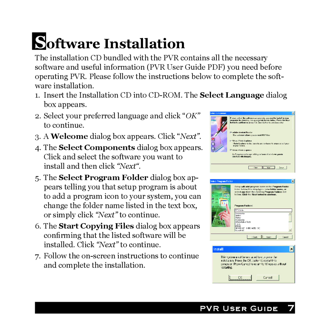 Audiovox PVR1000 owner manual Software Installation 