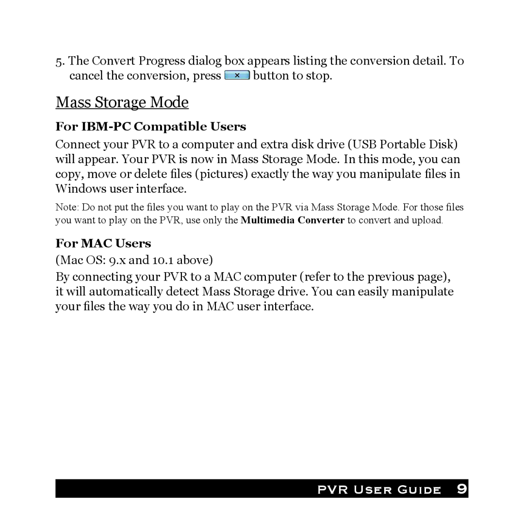 Audiovox PVR1000 owner manual Mass Storage Mode, For IBM-PC Compatible Users 