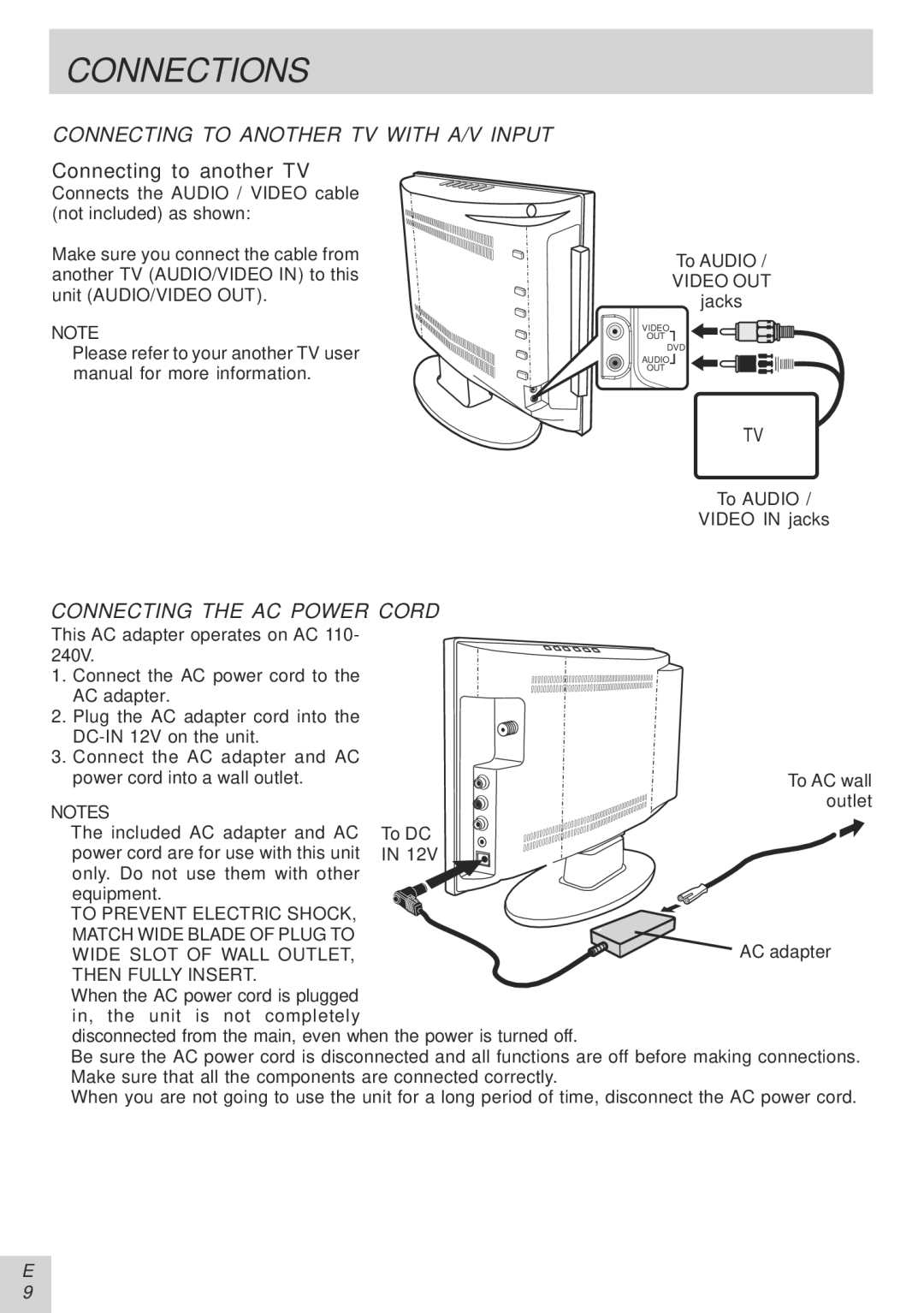 Audiovox PVS21090 manual Connecting to Another TV with A/V Input, Connecting the AC Power Cord 