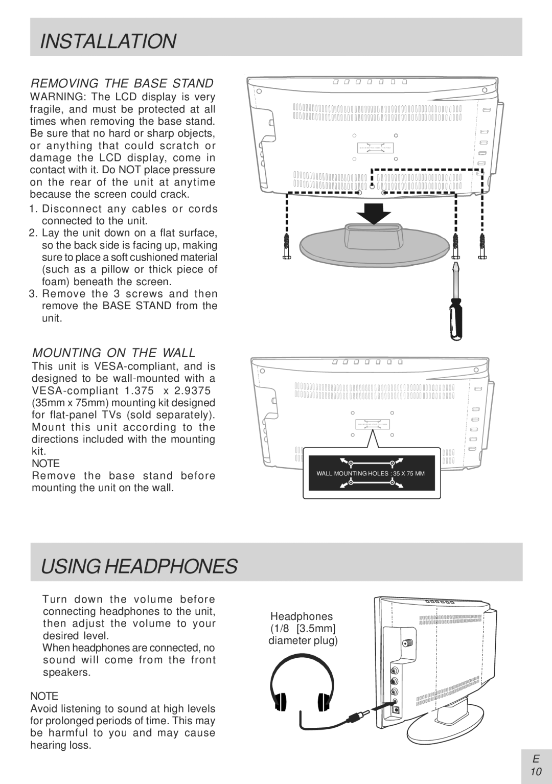 Audiovox PVS21090 manual Installation, Using Headphones, Removing the Base Stand, Mounting on the Wall 