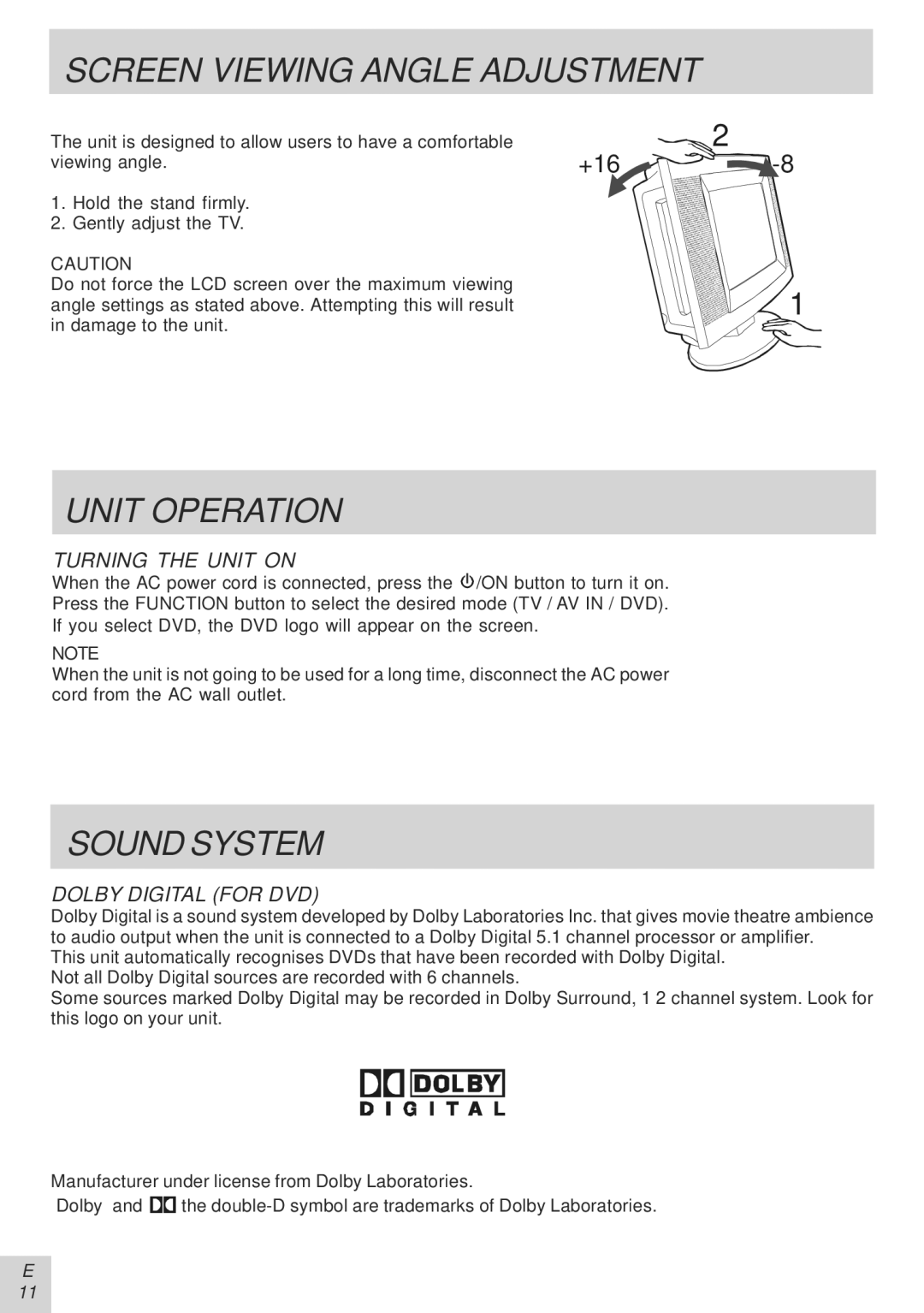 Audiovox PVS21090 manual Screen Viewing Angle Adjustment, Unit Operation, Sound System, Turning the Unit on 