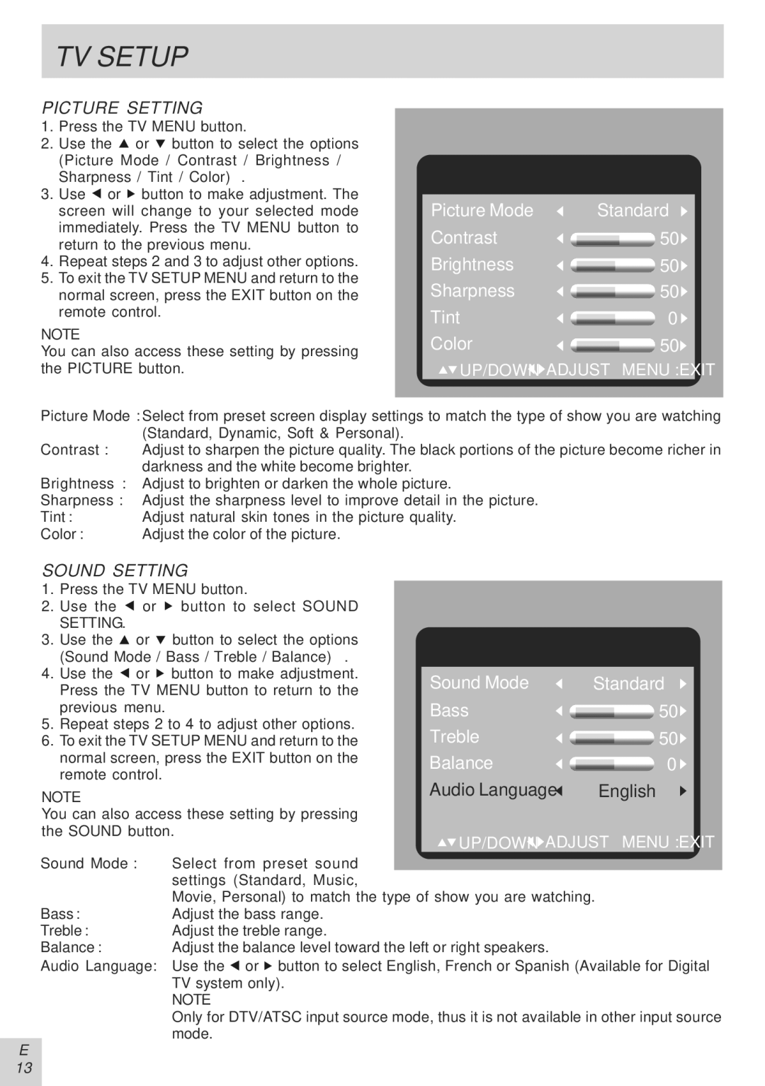 Audiovox PVS21090 manual TV Setup, Picture Setting, Sound Setting, TV system only 