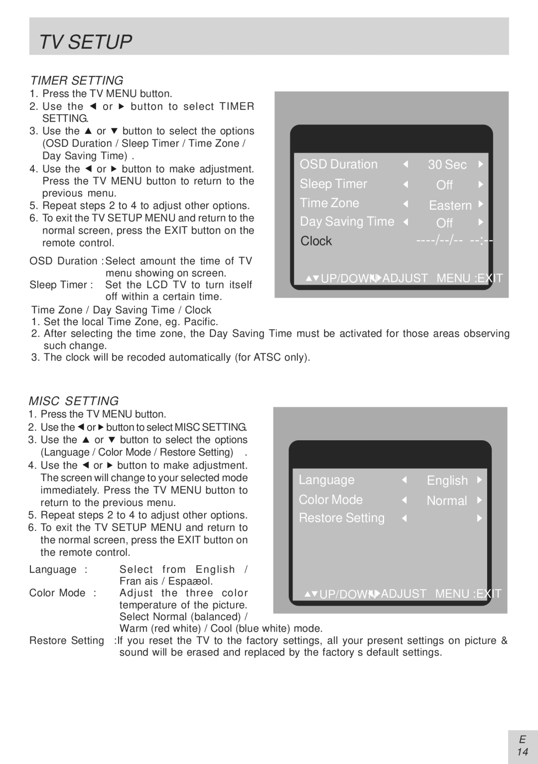 Audiovox PVS21090 manual Timer Setting, Misc Setting, OSD Duration / Sleep Timer / Time Zone / Day Saving Time 