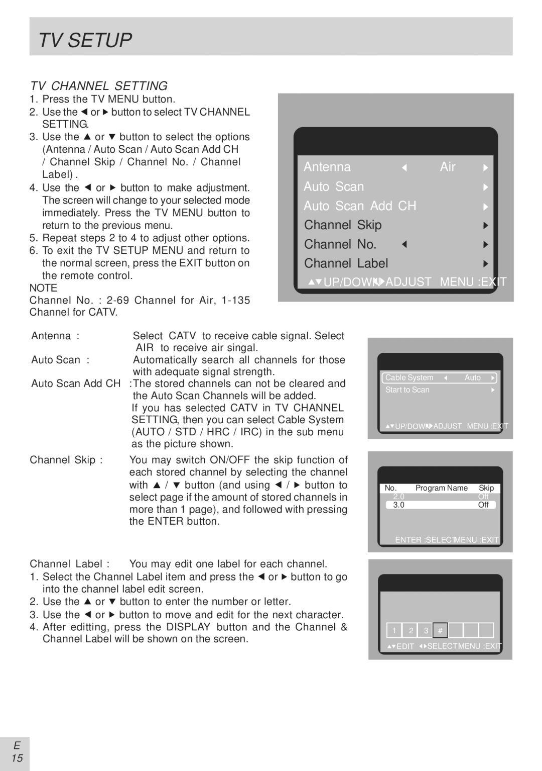 Audiovox PVS21090 manual TV Channel Setting, AntennaAir Auto Scan Auto Scan Add CH 