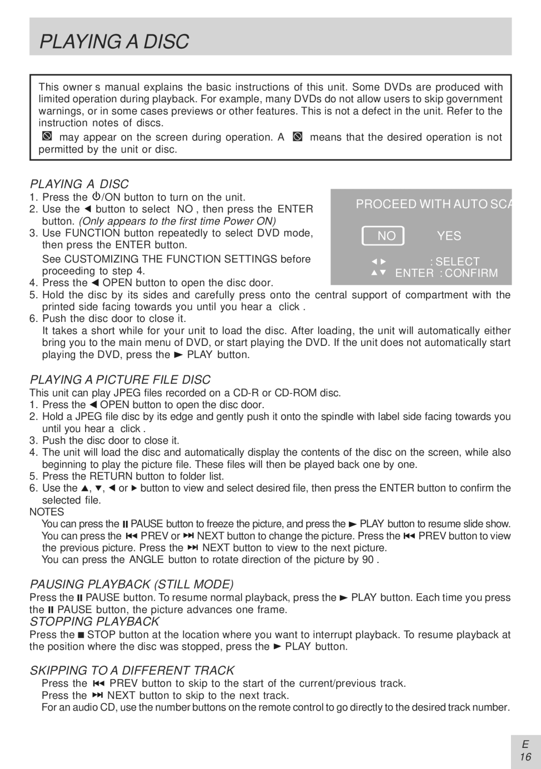 Audiovox PVS21090 manual Playing a Disc, Playing a Picture File Disc, Pausing Playback Still Mode, Stopping Playback 