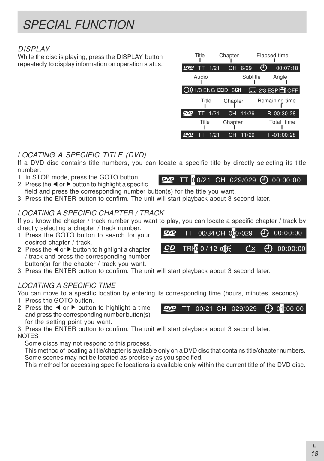 Audiovox PVS21090 manual Special Function, Display, Locating a Specific Title DVD, Locating a Specific Chapter / Track 