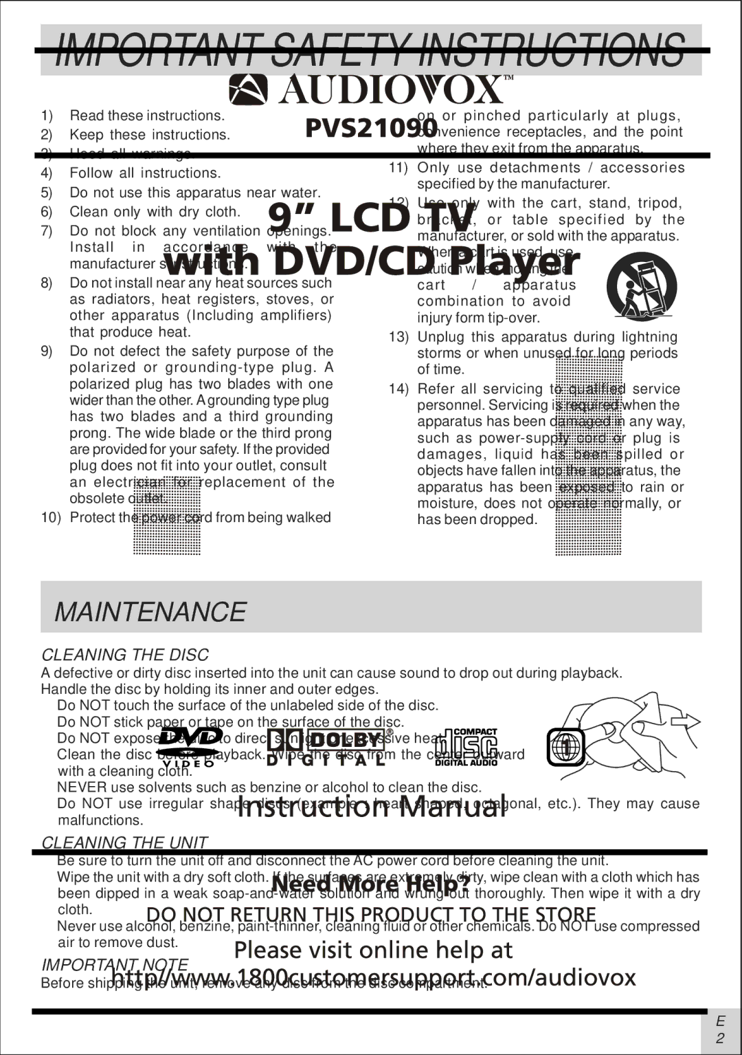 Audiovox PVS21090 manual Maintenance, Cleaning the Disc, Cleaning the Unit, Important Note 