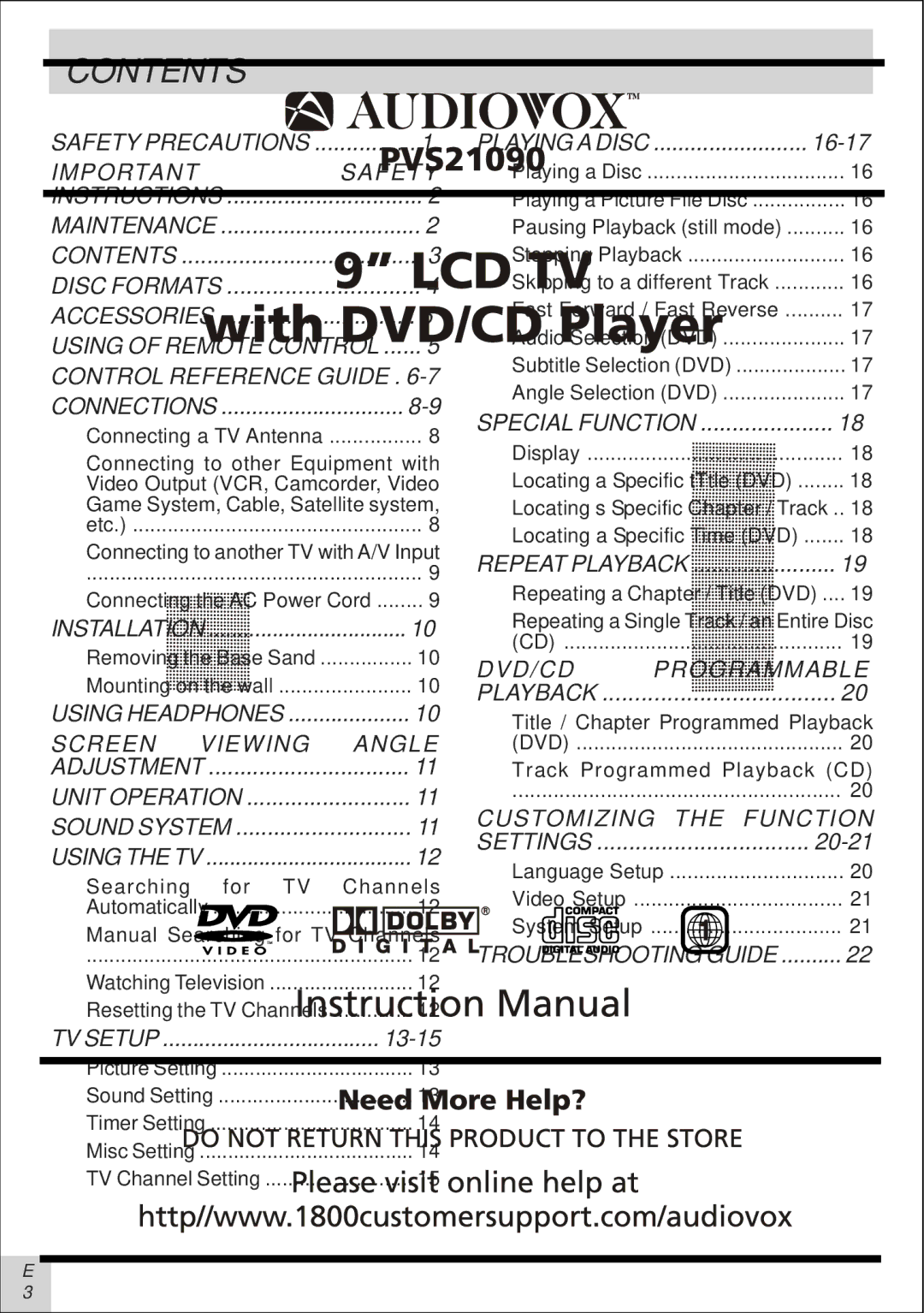 Audiovox PVS21090 manual Contents 