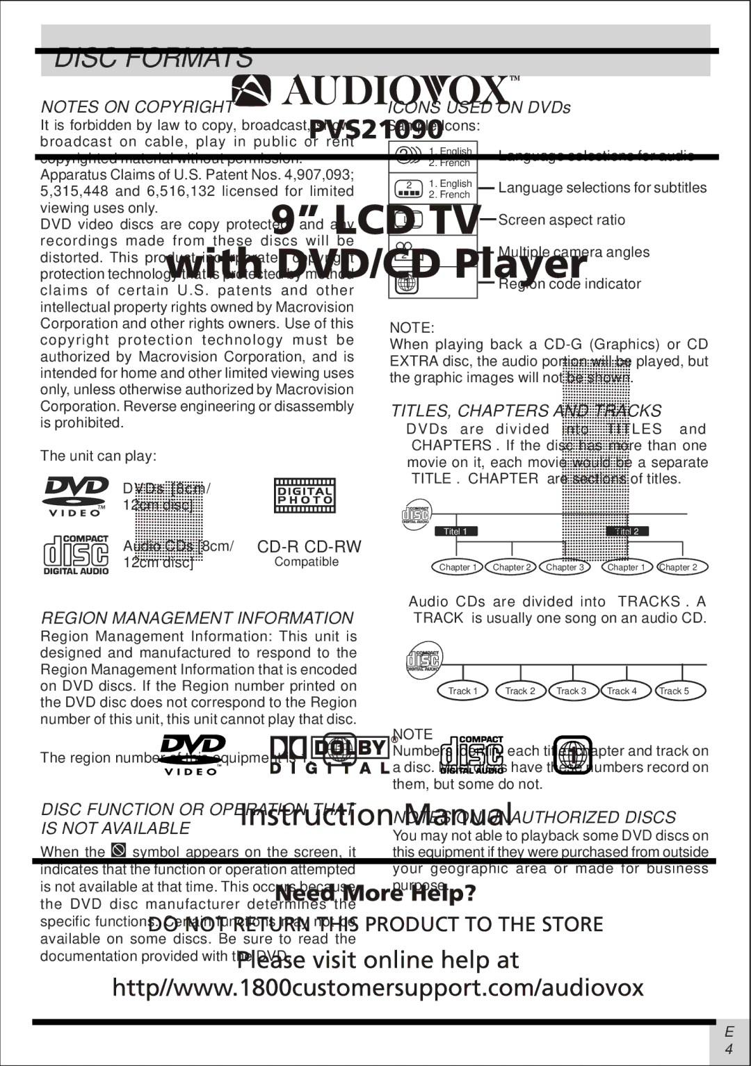 Audiovox PVS21090 manual Disc Formats, Region Management Information, TITLES, Chapters and Tracks 