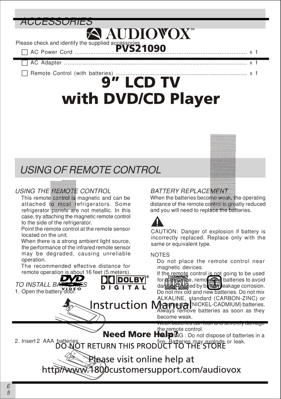 Audiovox PVS21090 manual Accessories, Using of Remote Control, Using the Remote Control, To Install Batteries 