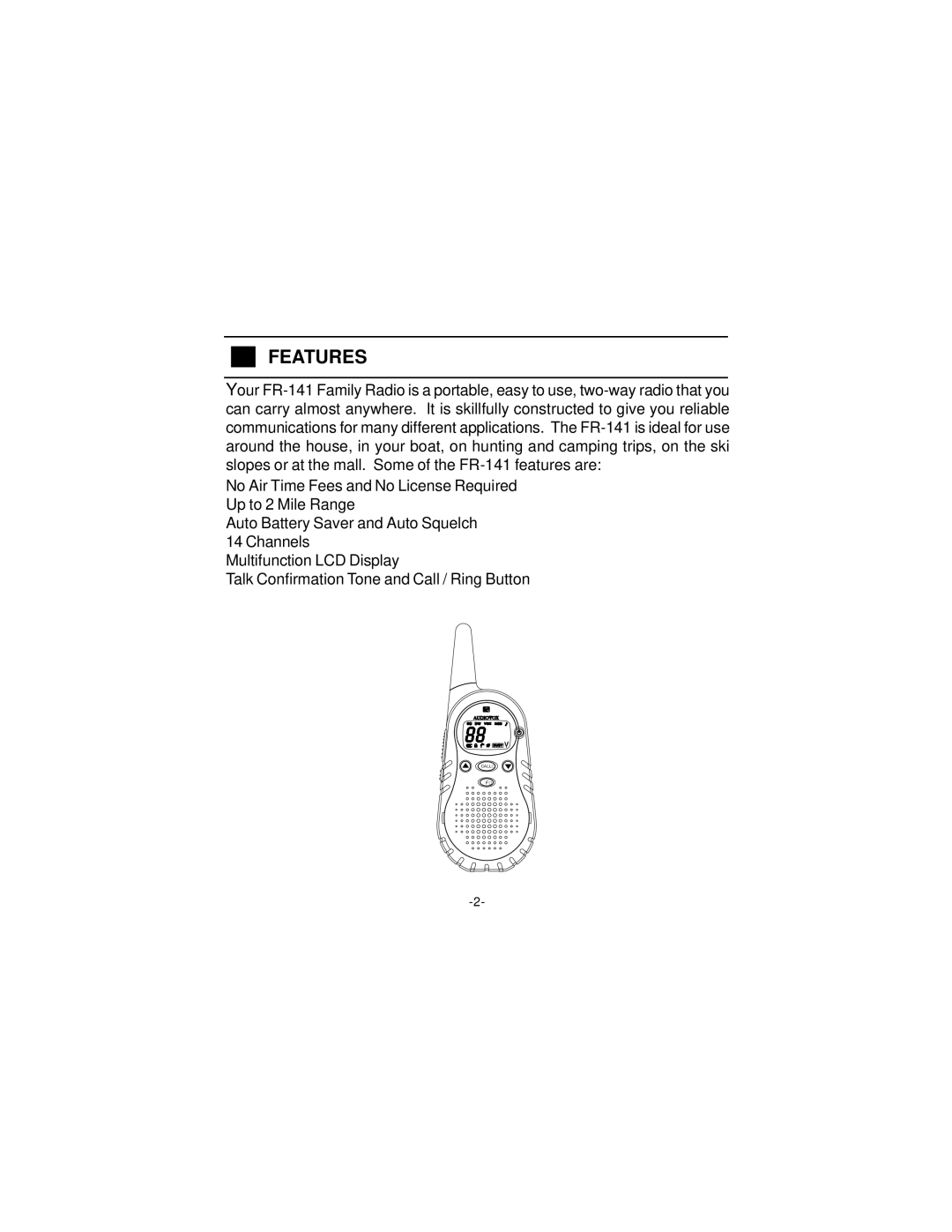 Audiovox R-141 manual Features 