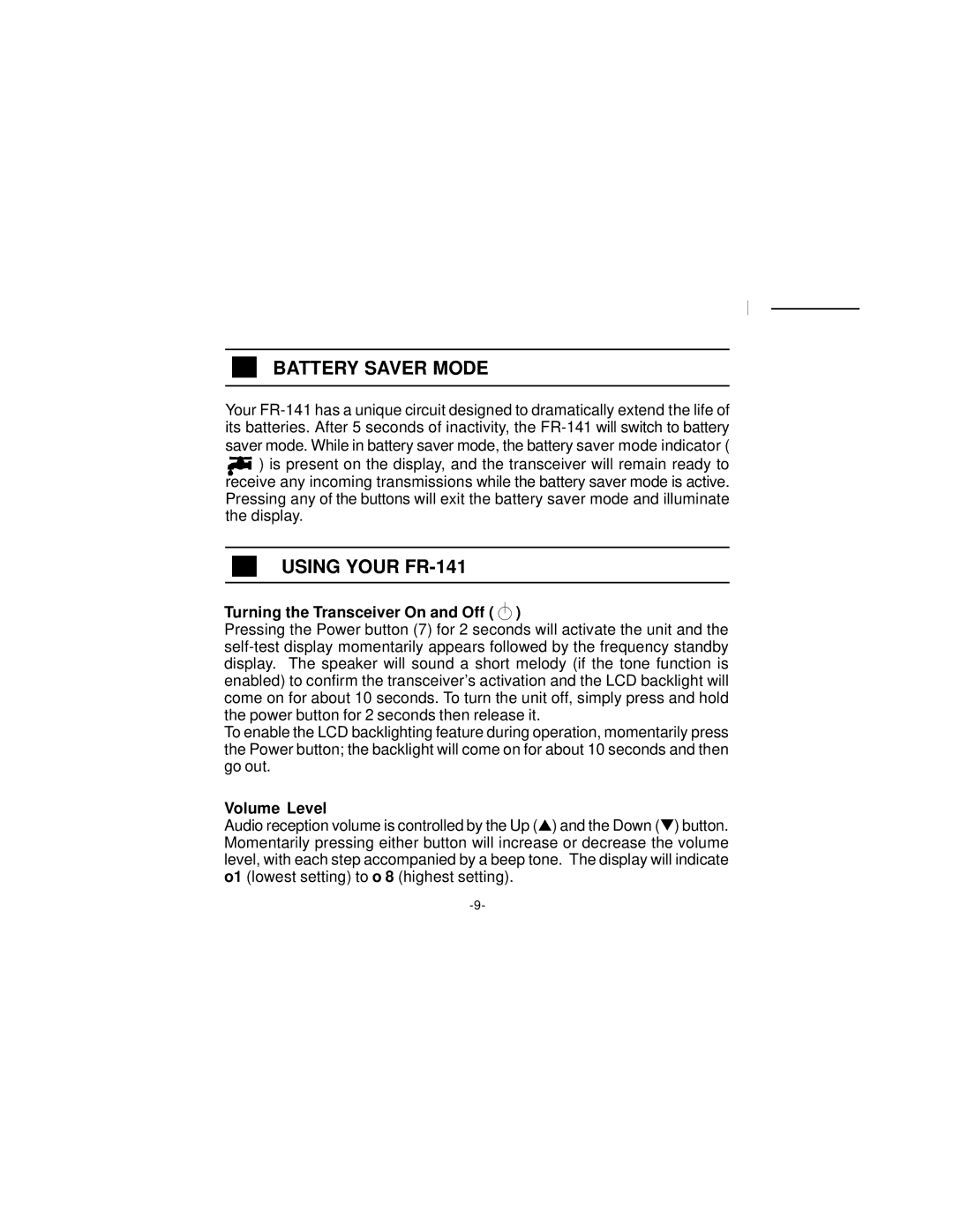 Audiovox manual Battery Saver Mode, Using Your FR-141 