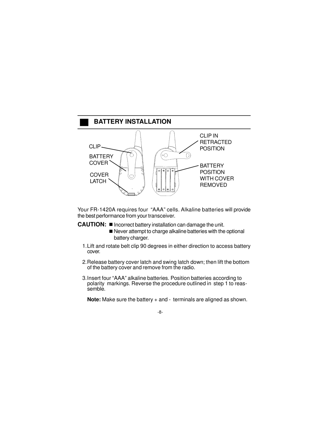 Audiovox R-1420A manual Battery Installation 