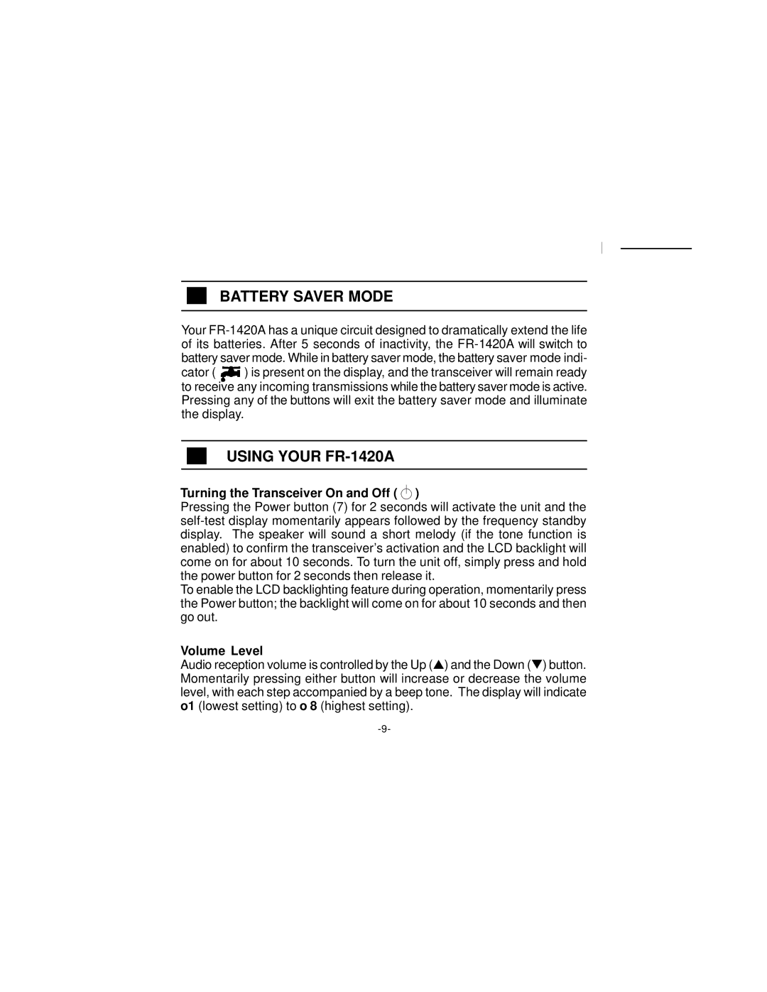 Audiovox manual Battery Saver Mode, Using Your FR-1420A 