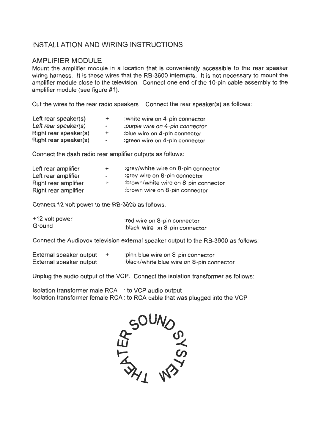 Audiovox RB3600 manual Installation and Wiring Instructions, Amplifier Module 