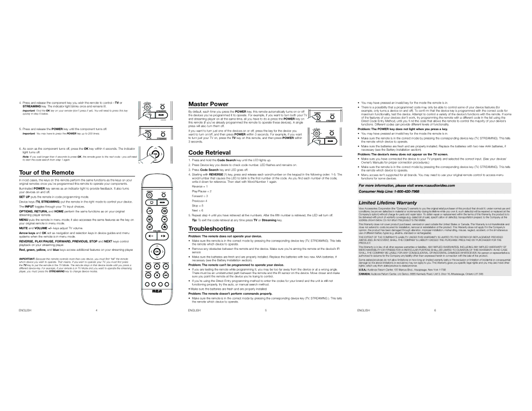 Audiovox RCRST02GR warranty Tour of the Remote, Master Power, Code Retrieval, Troubleshooting 