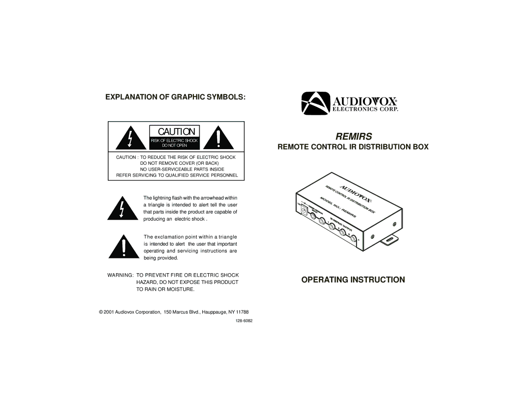 Audiovox REMIRS user service Remirs, Operating Instruction, Explanation of Graphic Symbols 