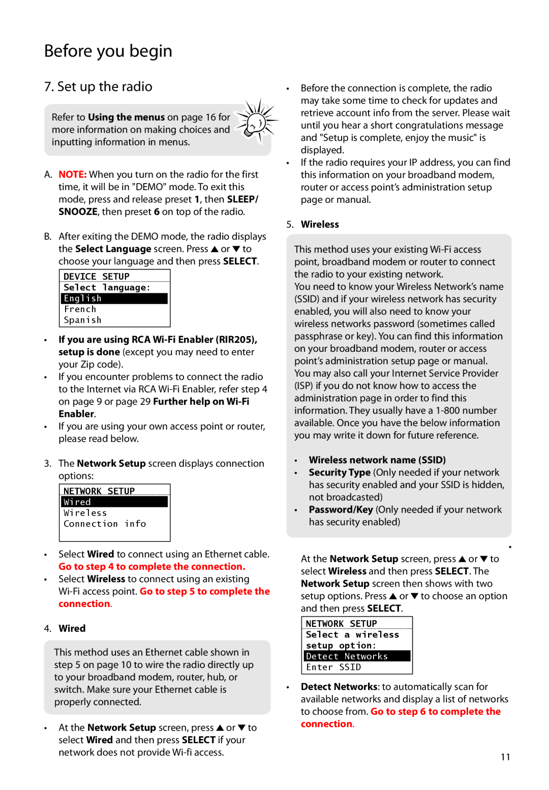 Audiovox RIR200, RIR205 user manual Set up the radio, Wired, Wireless network name Ssid 