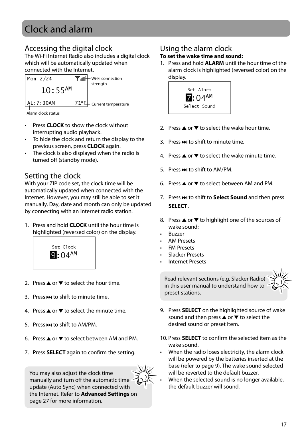 Audiovox RIR200, RIR205 user manual Clock and alarm, Accessing the digital clock, Setting the clock, Using the alarm clock 