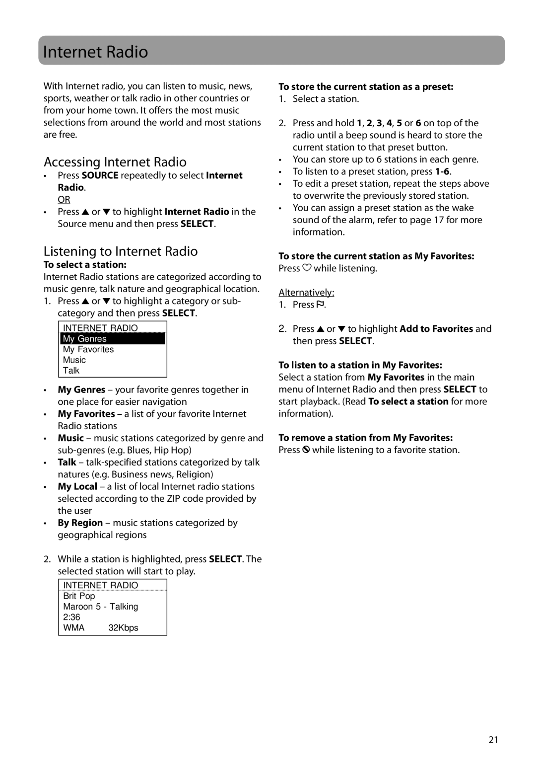 Audiovox RIR200, RIR205 user manual Accessing Internet Radio, Listening to Internet Radio, To select a station 