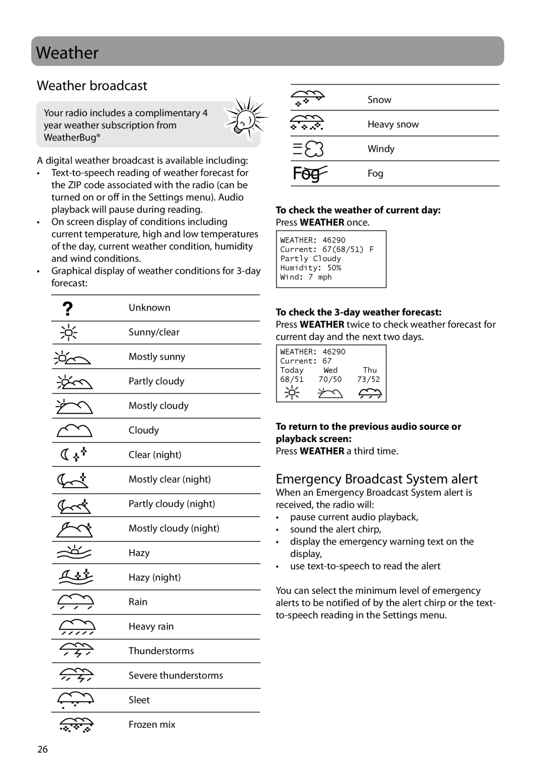 Audiovox RIR205, RIR200 user manual Weather broadcast, Emergency Broadcast System alert 