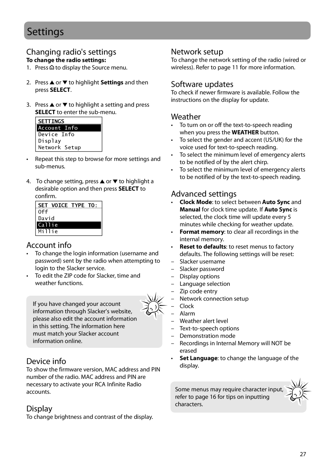 Audiovox RIR200, RIR205 user manual Settings 