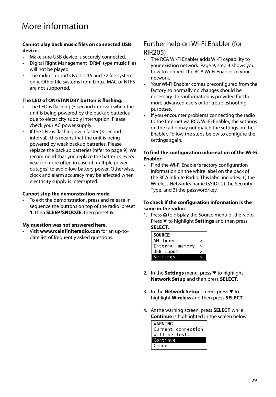 Audiovox RIR200 user manual Further help on Wi-Fi Enabler for RIR205 