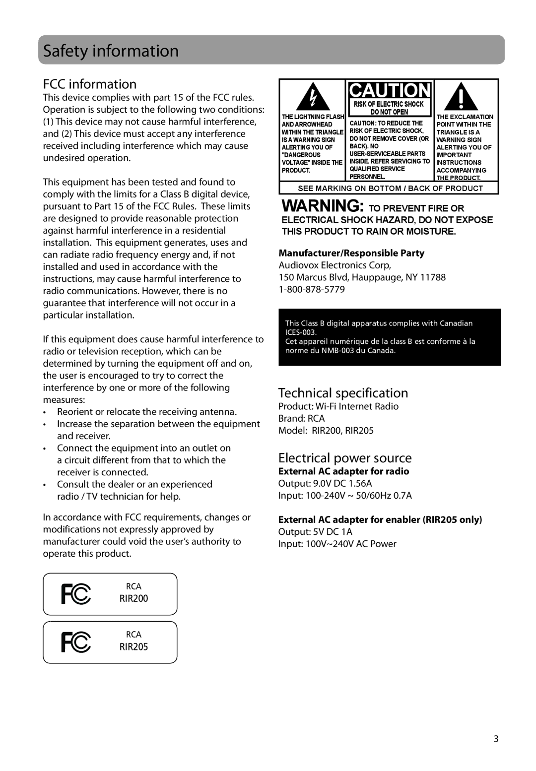 Audiovox RIR200, RIR205 user manual Safety information, FCC information, Technical specification, Electrical power source 