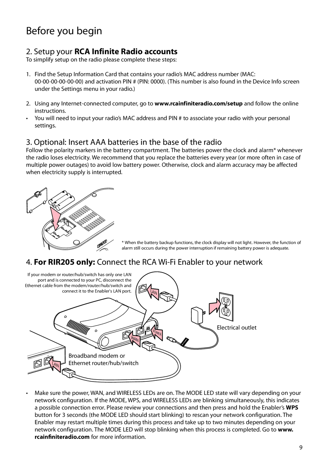 Audiovox RIR200, RIR205 Setup your RCA Infinite Radio accounts, Optional Insert AAA batteries in the base of the radio 