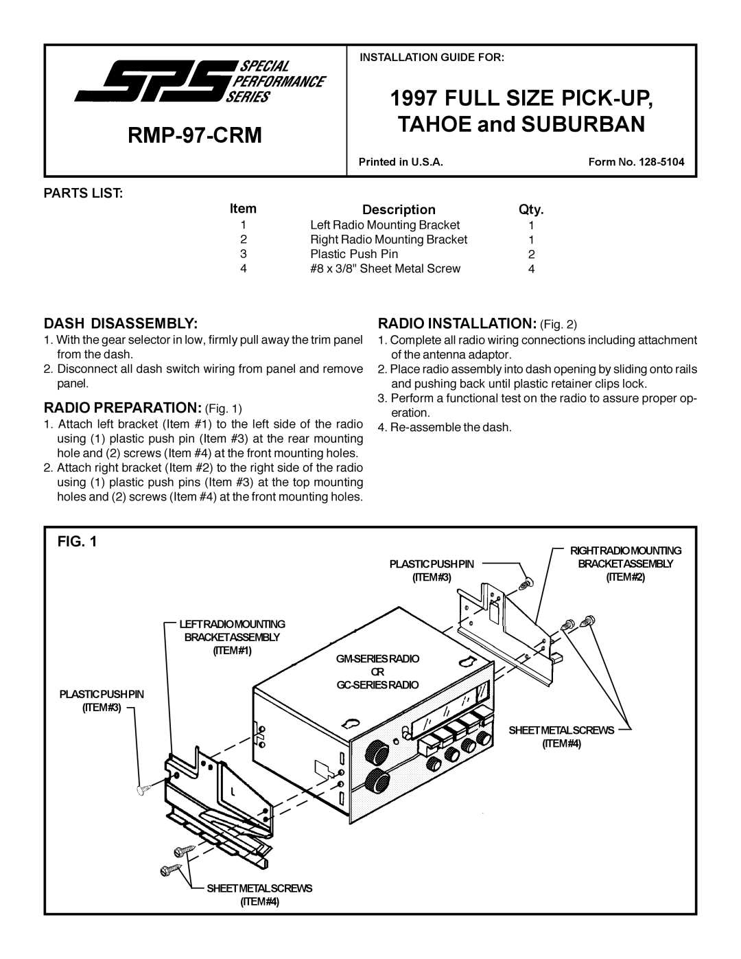 Audiovox RMP-97-CRM manual Full Size PICK-UP, Tahoe and Suburban, Dash Disassembly, Radio Preparation Fig 