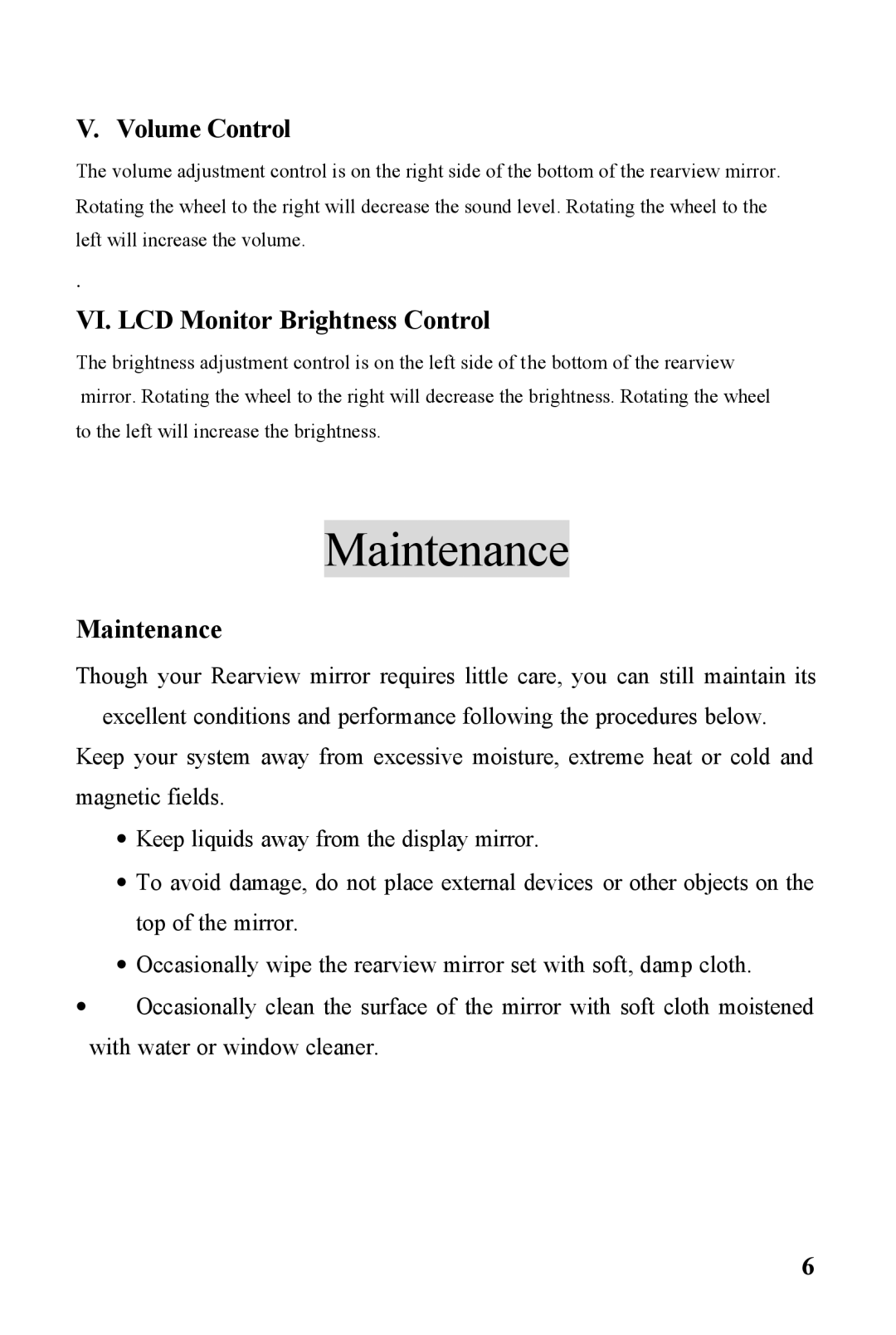 Audiovox RVMPKG1 owner manual Volume Control, VI. LCD Monitor Brightness Control, Maintenance 